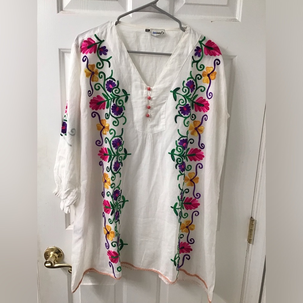 DON AMIGO SZ XL WHITE COTTON EMBROIDERED TUNIC TOP GUC